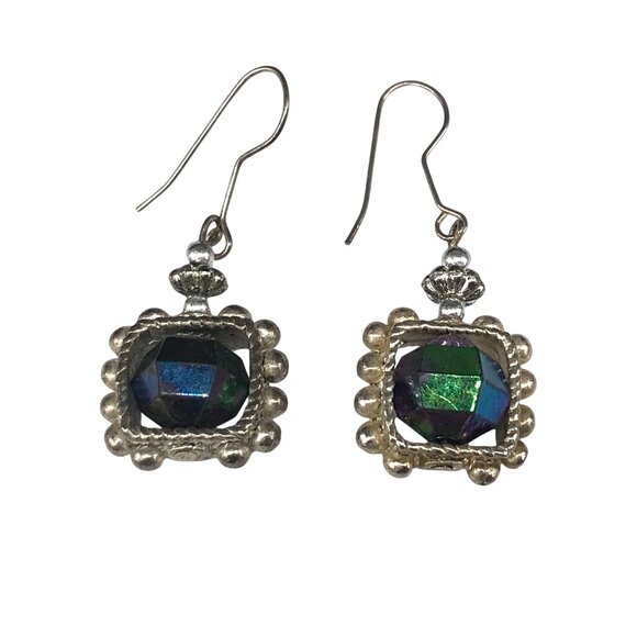 Vintage Etruscan Revival Spin Bead Earrings, Silver Tone Orbital Square Dangle - Picture 3 of 6